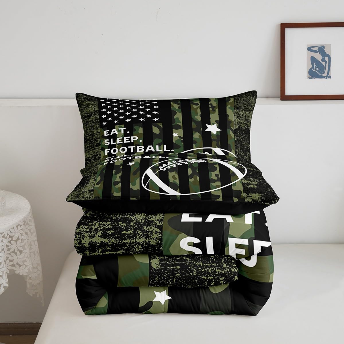 Feelyou Twin Football Bedding Set for Kids Toddler Camo American Flag Comforter Set for Boys Girls Rugby Sports Comforter Teens Soccer Duvet Set Microfiber Bed Set