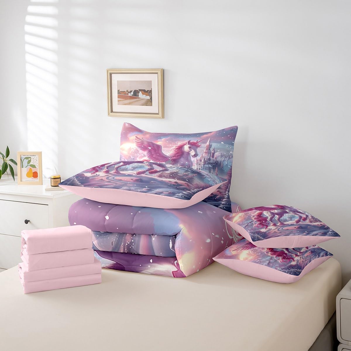 Erosebridal Pink Cartoon Unicorn Bedding Set 7Pcs,Dreamy Castle Comforter Set King for Kids Girls,Kawaii White Horse Quilt,Snow Mountain Tree Botanical Bed in a Bag