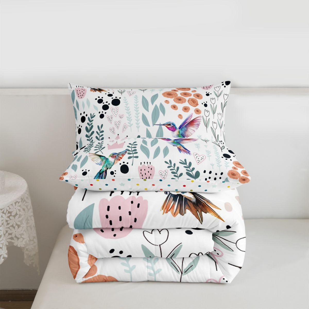 Erosebridal Hummingbird Bedding Set,Cartoon Hummingbird Comforter Set Twin,Cute Love Heart Leaf Flower Comforter Set for Kids Girls Boys,Paw Print Animals Quilt Duvet Insert with 1 Pillow Case