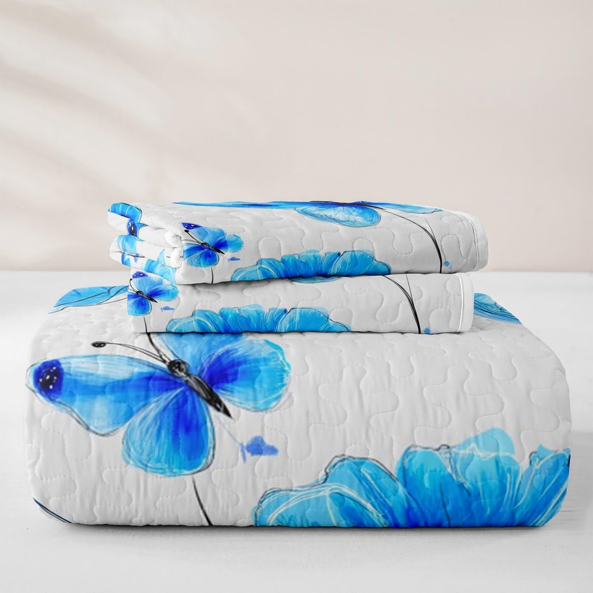 Erosebridal Butterfly Quilt Queen Blue Floral Quilt Set Rustic Flower Quilted Bedspread Retro Vintage Romantic Style Bedding Coverlet
