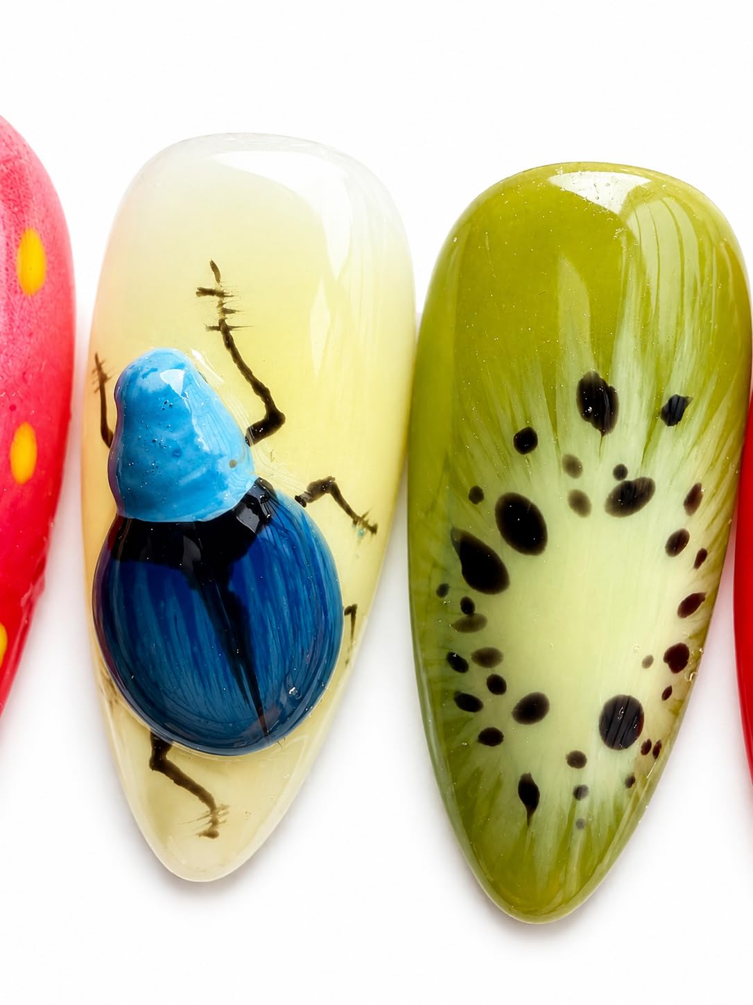 Handcrafted Press On Nails 3D Stereo Fruit and Insect Theme Fun Cherry Strawberry Kiwi Shape 100% Handmade Realistic Artistic Hand Nail Gifts For Women (3D Fruit Insect, Medium M)