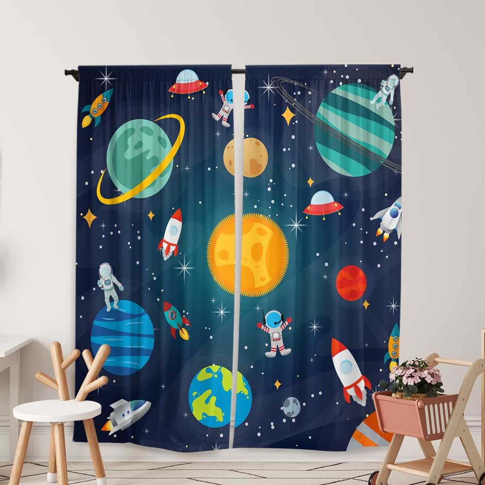 Yilinata Outer Space Window Curtains for Kids Boys Girls Universe Planet Galaxy Astronaut Baby Living Room Bedroom Nursery Toddler Home Rod Pocket Drapes Party Decor Durable Fabric 84 in x 84 in