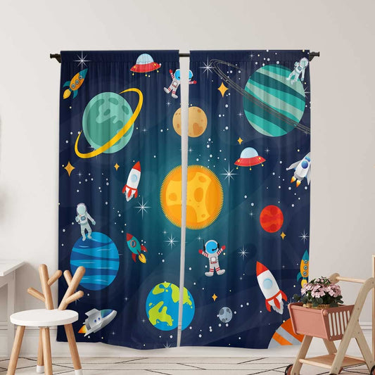 Yilinata Outer Space Window Curtains for Kids Boys Girls Universe Planet Galaxy Astronaut Baby Living Room Bedroom Nursery Toddler Home Rod Pocket Drapes Party Decor Durable Fabric 84 in x 84 in