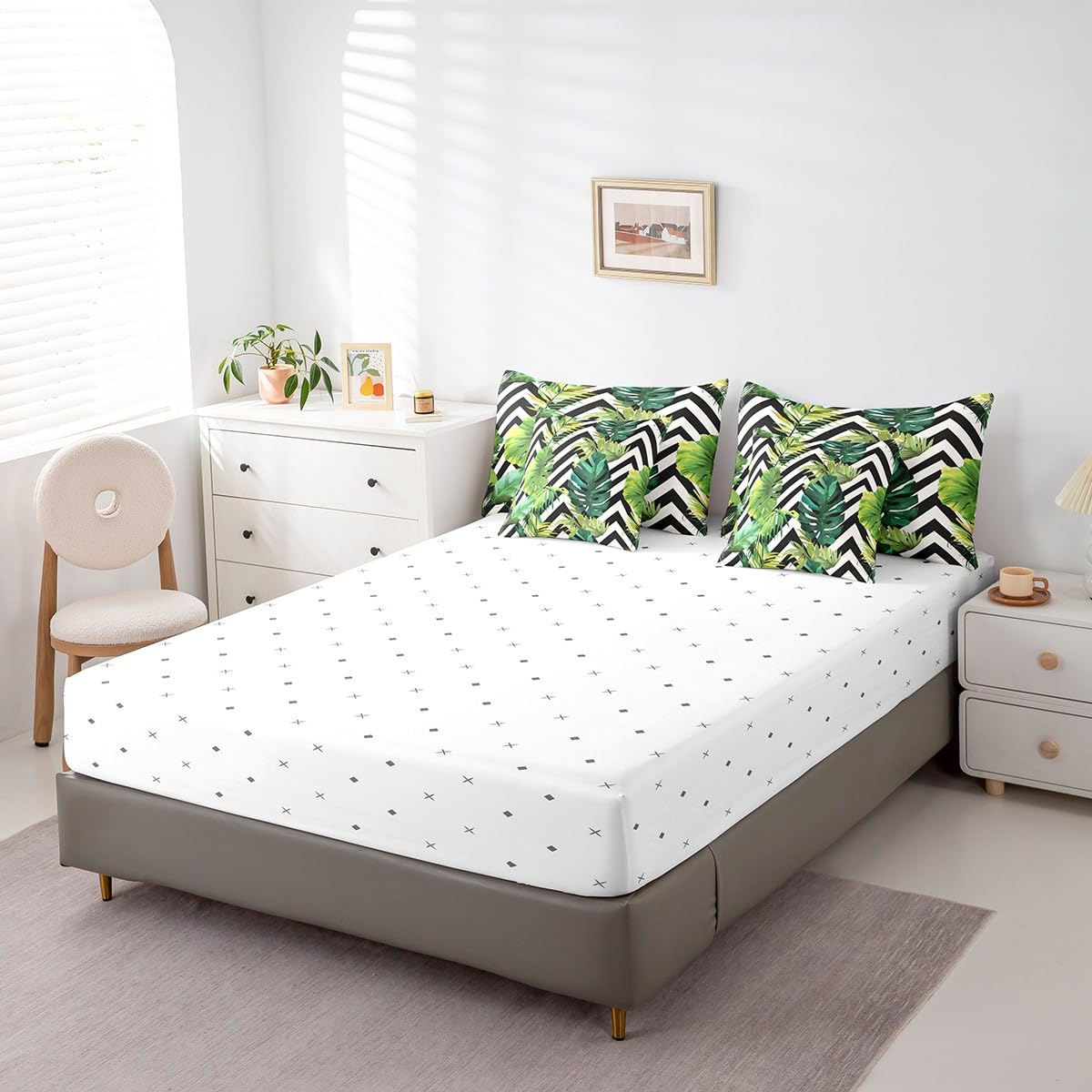 jejeloiu Tropical Leaves Comforter Set 7 Pieces Full Size Kids Black White Striped Bed in a Bag for Boys Girls Leaf Pattern Bedding Set Botanical,Comforter + Sheets + Pillowcases + Cushion Covers