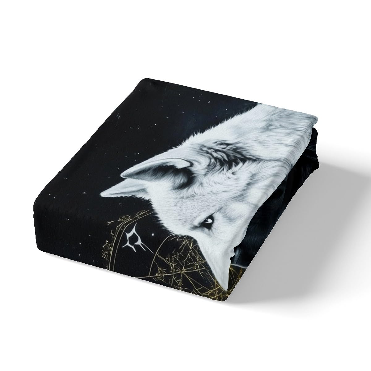Black White Wolf Bedding Sets Full Size,Wild Life Bed Sheets 4Pcs,Sun Moon Starry Sky Fitted Sheet for Kids Teens Men Boys Room Decor,Magical Boho Style Black Top Flat Sheet,2 Pillowcases