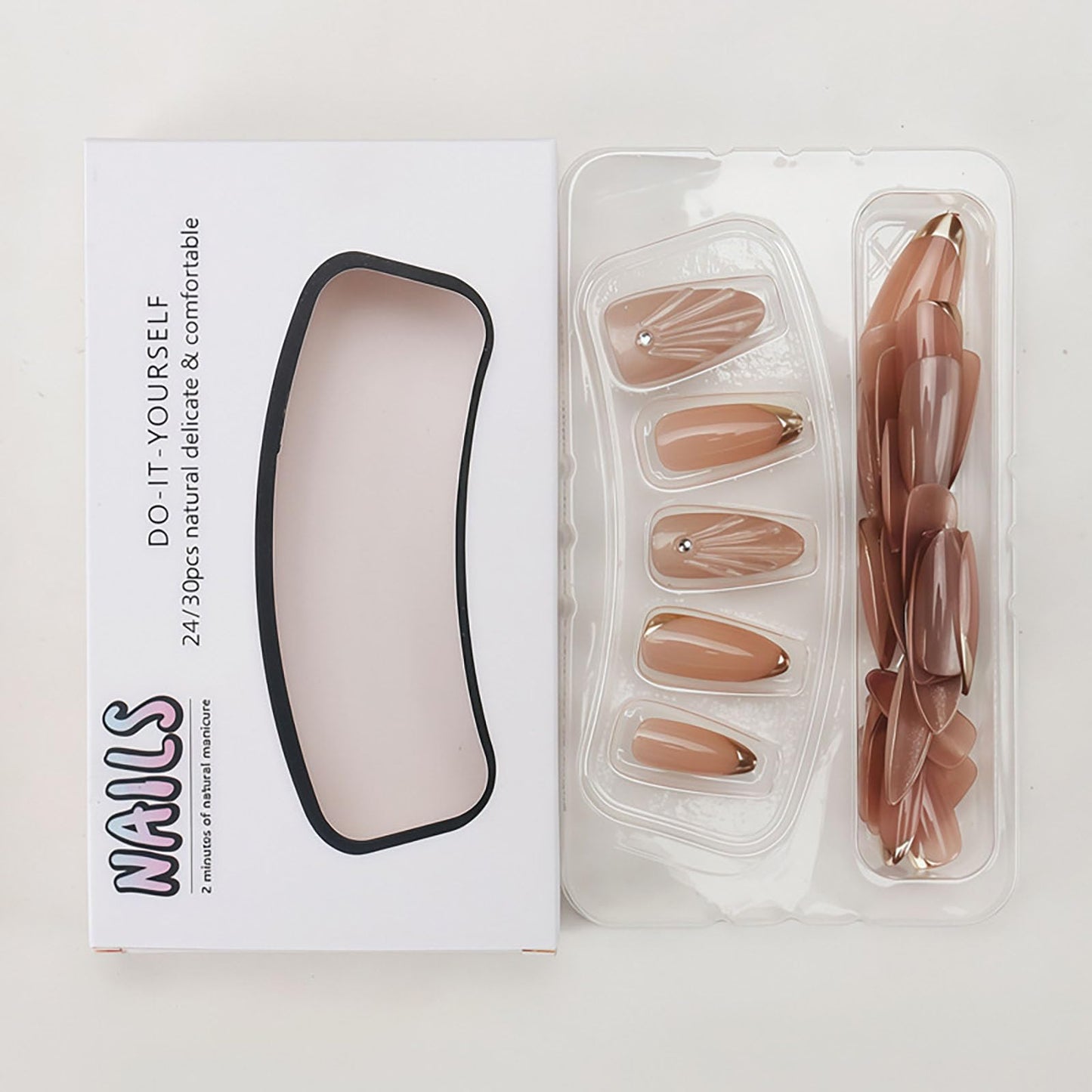 RUOKEXIN Almond Press on Nails Gold French Tip Fake Nails Nude False Nails with 3D Designs Short Nail Press ons Gold Sparkly Artificial Nails for Women 30Pcs