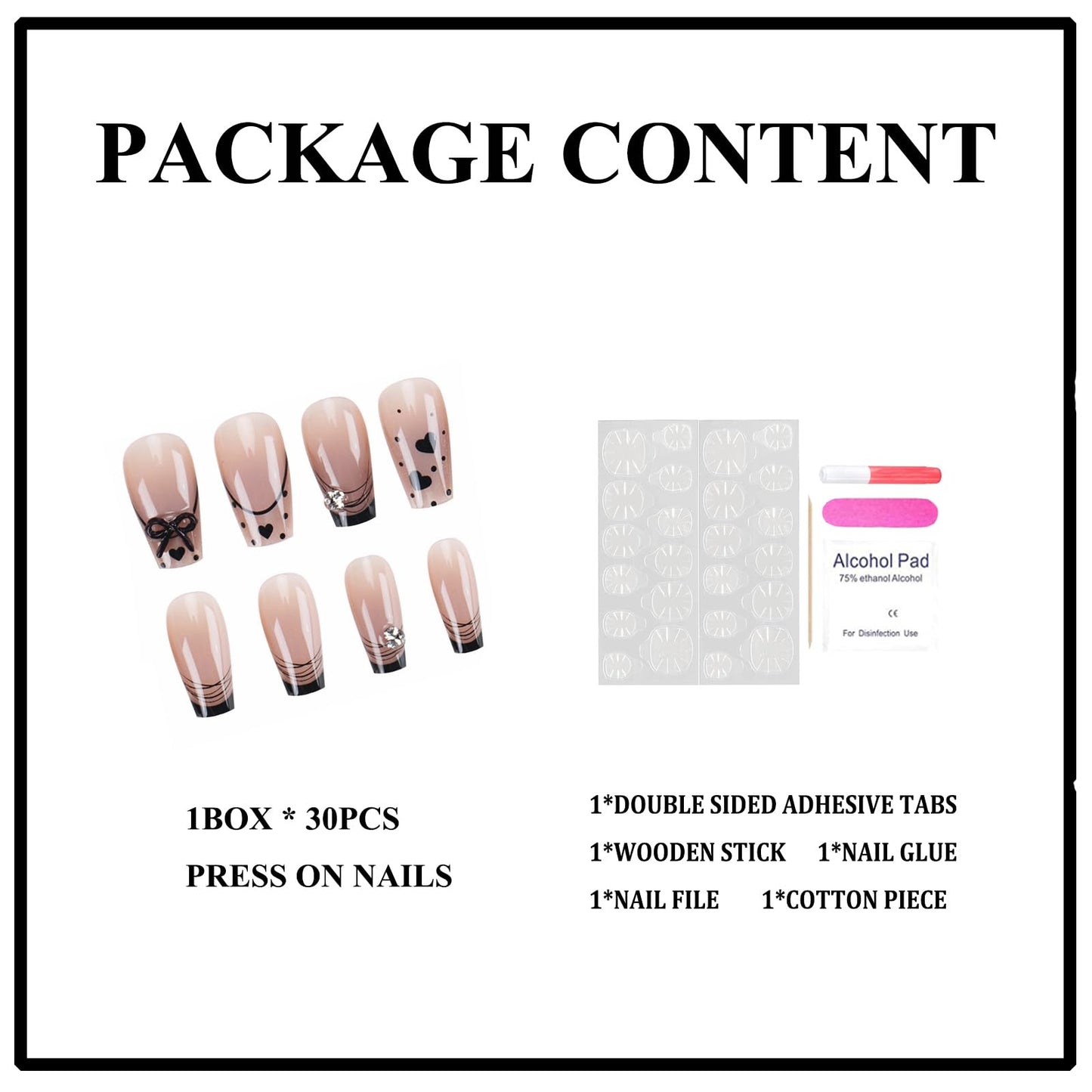 MERVF Press on Nails Medium Coffin, Black Heart French Tip Fake Nails Cat Eye Glitter Design Glue ons 3D Bow Rhinestones Acrylic Nail Glossy 30pcs