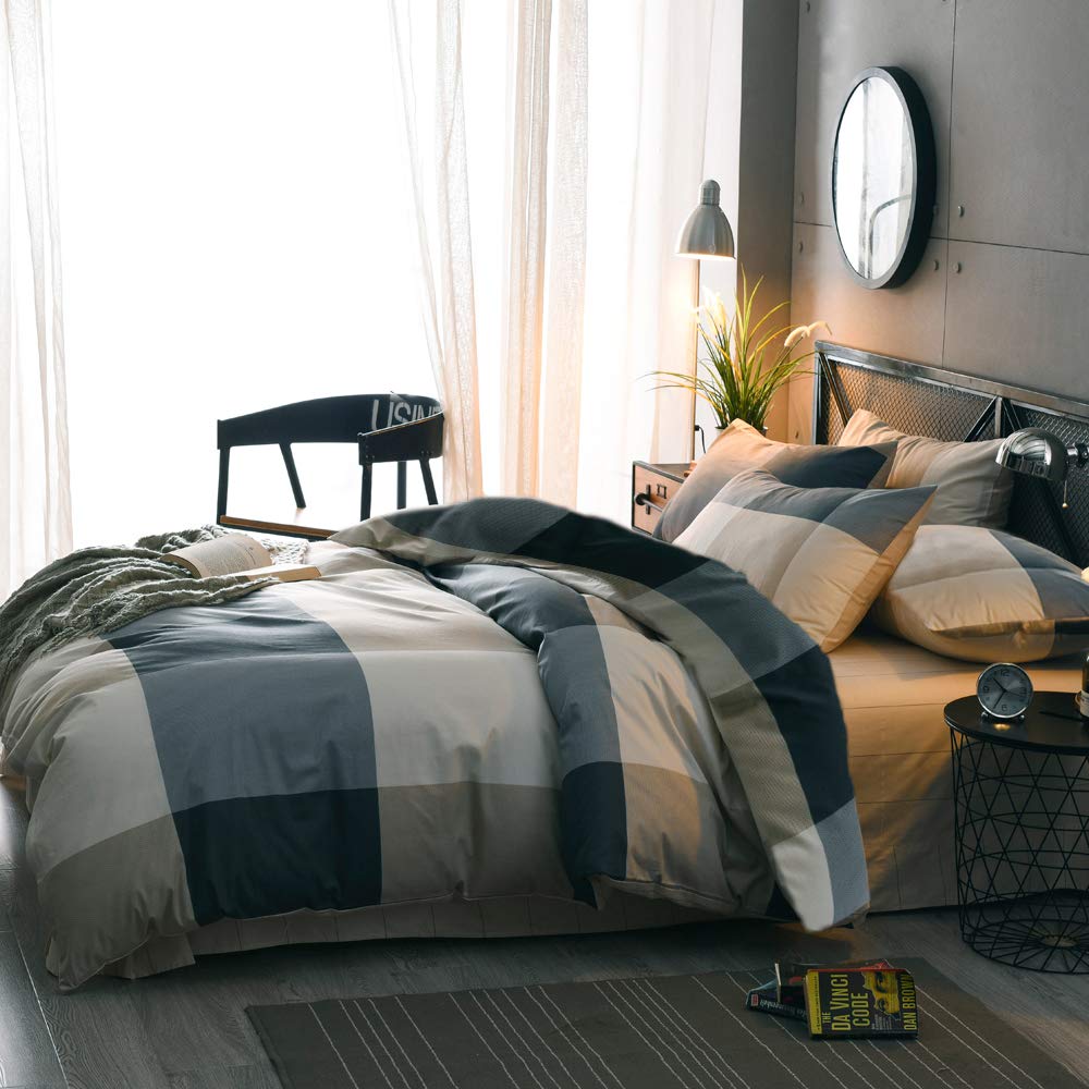 mixinni Queen Size Checkered Duvet Cover Set - 3 Piece Grey Geometric Cotton Bedding Set with Zipper Closure & Corner Ties, 100% Washed Cotton Soft Breathable Duvet Cover for Men, Women, Teens (Queen)
