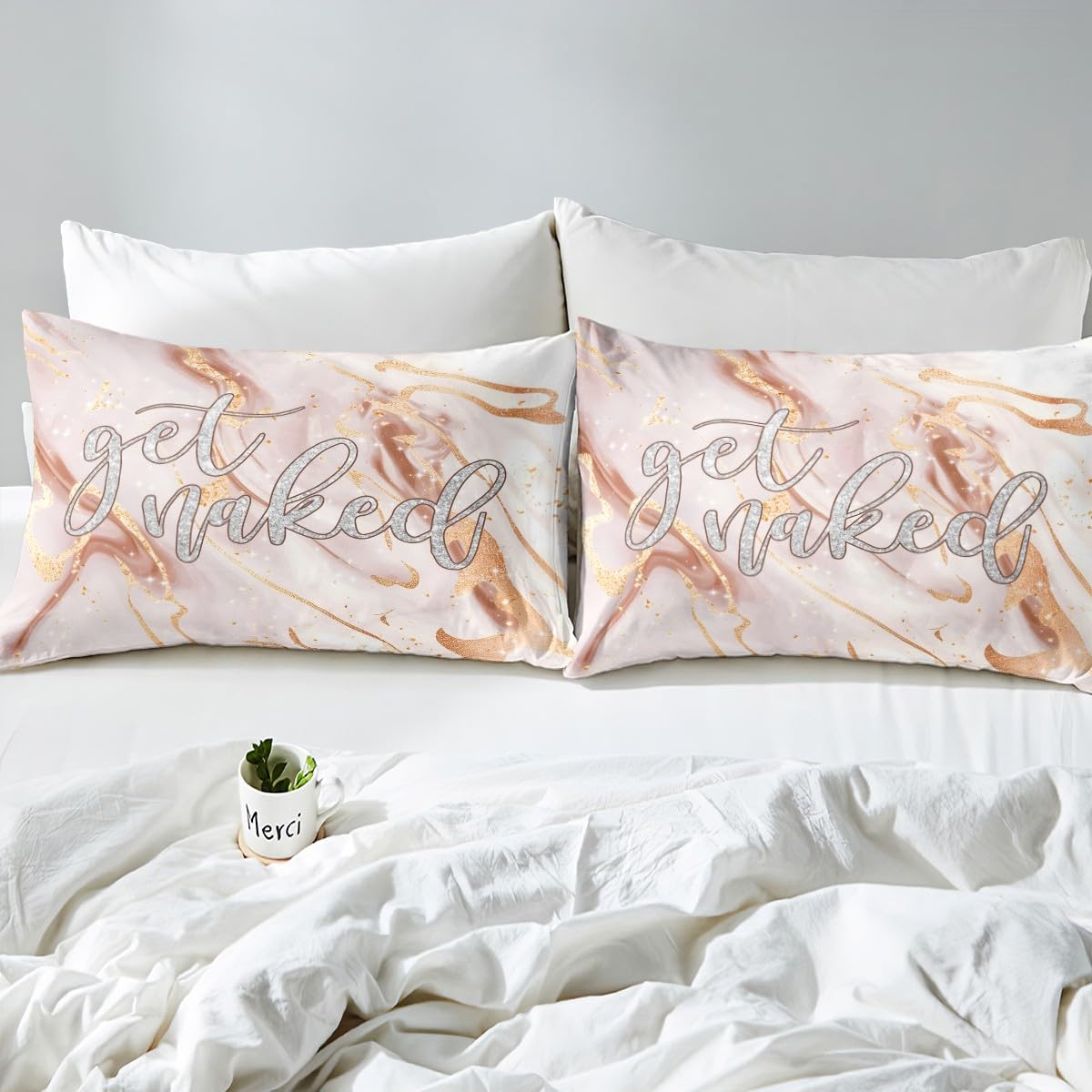 Pink Marble Bedding Set Get Naked Bed Sheet Set for Kids Boys Girls Teens Bedroom Decor Funny Quotes Fitted Sheet Full Size Pink Rose Gold Glitter Marble Cracked Bedding Sheets 3Pcs