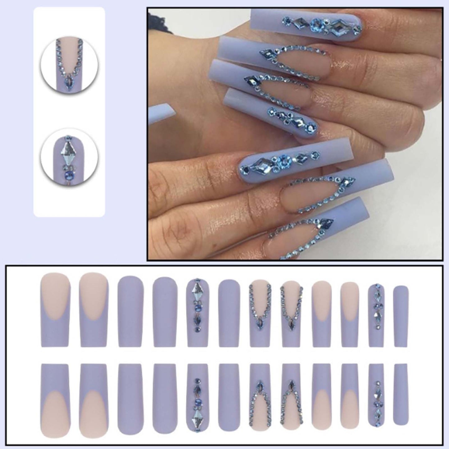 YoYoee Luxury Long Square False Nails Crystal Gem Design Tips Nails Purple French Press on Nails Acrylic Full Cover Fake Nails for Women and Girls 24PCS