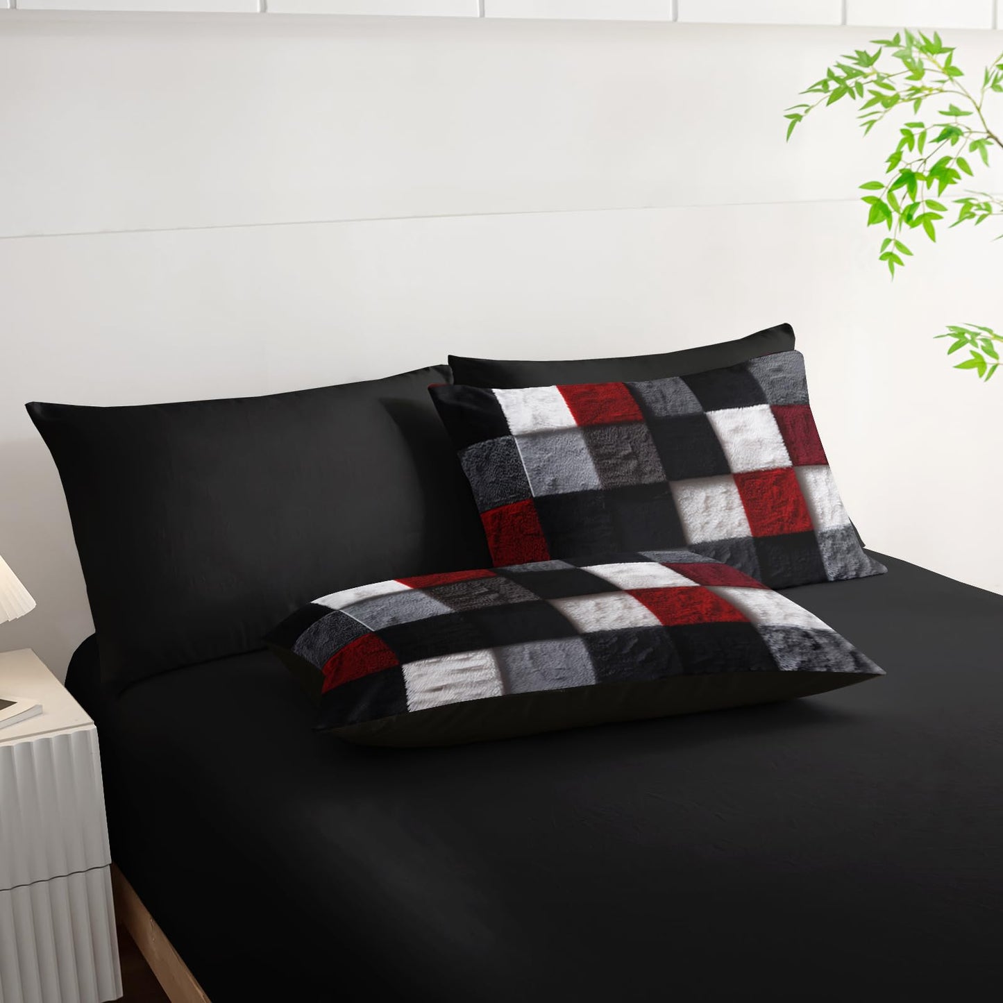 lneffble 7 Piece Black White Red Checkered King Size Comforter Set with Sheets，King Size Quilt Bedding Set Checkered，(1 Comforter, 1 Flat Sheet, 1 Fitted Sheet, 2 Pillowcase and 2 Pillow Sham)