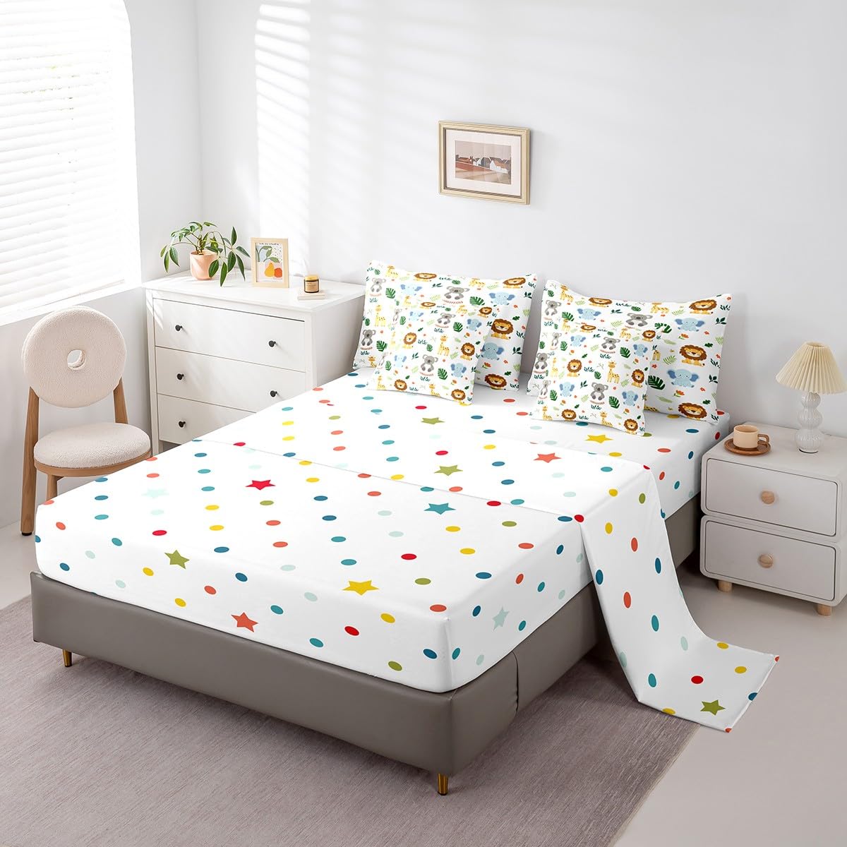 Erosebridal Nursery Cute Jungle Animal Kids Twin Size Comforter Set with Sheets | Safari Elephant Giraffe 7-Piece Bedding Set Koala Lion Bed in a Bag Palm Leaves Flowers Zoo Animal Bed Quilt Sets