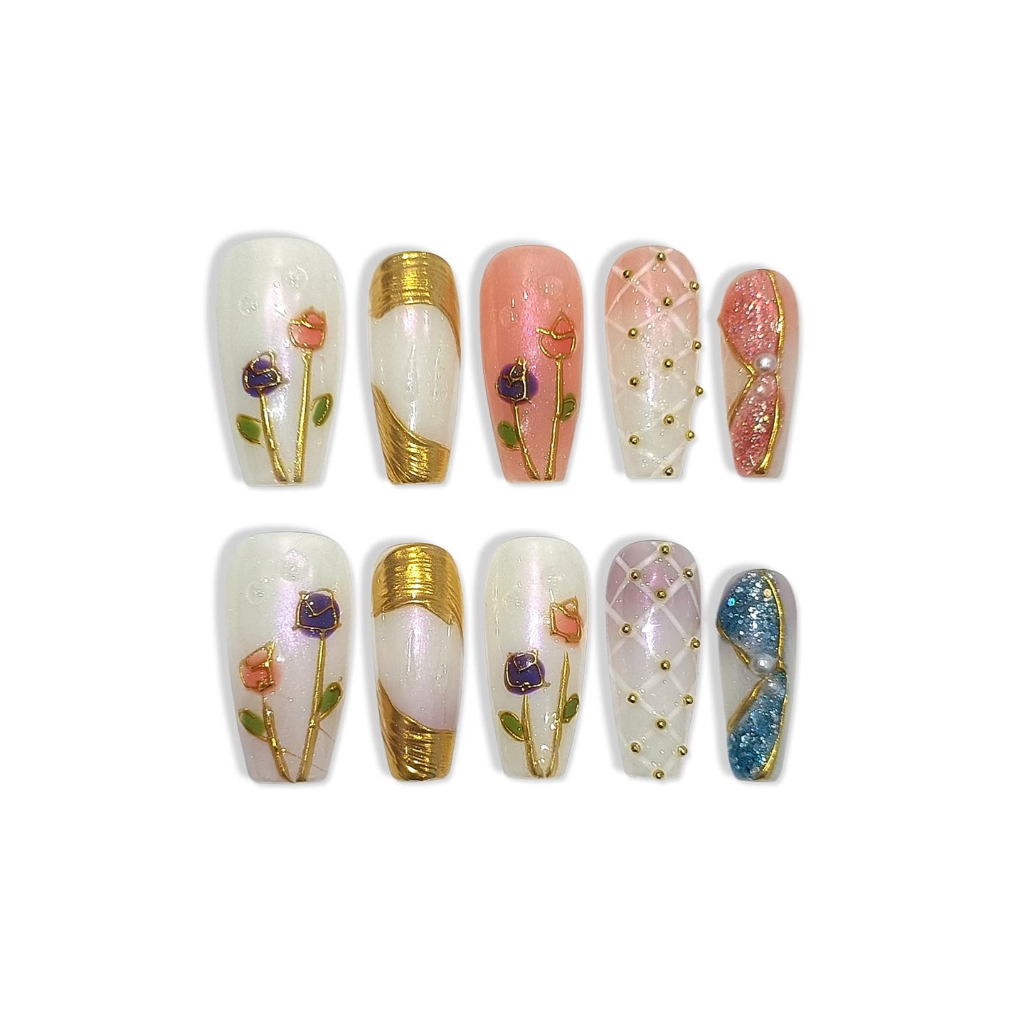 TENPAL 10Pcs Artisan Press on Nails with Kit,Hand-Painted Tulip Coffin 3D Champagne Gold & Heirloom Glitter Fake Nails,Acrylic Glossy Vintage Luxe Gel Effect for Women(XS)