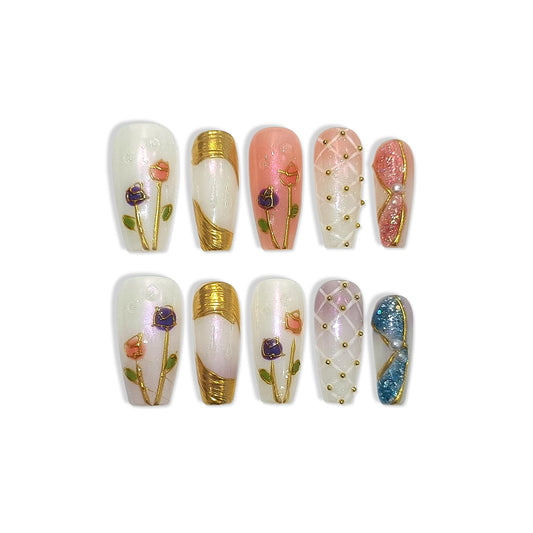 TENPAL 10Pcs Artisan Press on Nails with Kit,Hand-Painted Tulip Coffin 3D Champagne Gold & Heirloom Glitter Fake Nails,Acrylic Glossy Vintage Luxe Gel Effect for Women(XS)