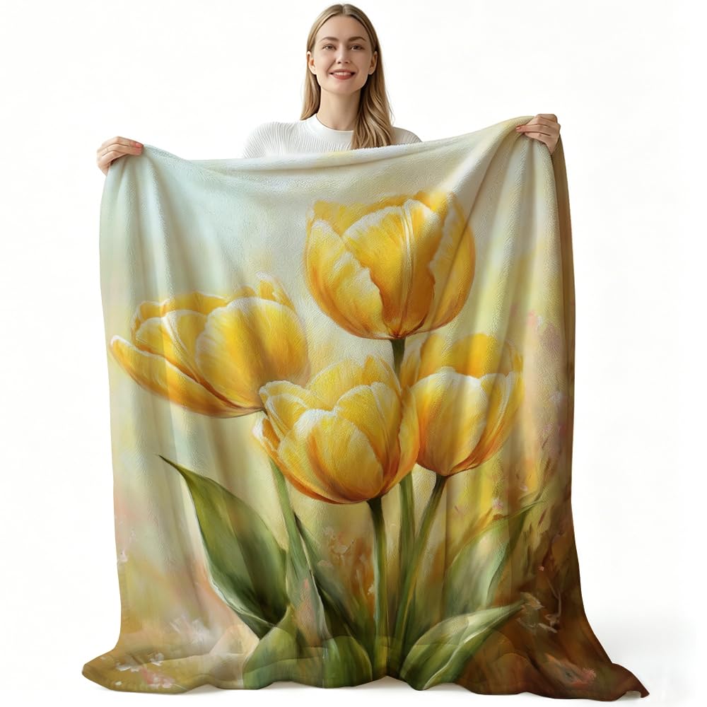 HUNXIAOJ Tulip Blanket Floral Throw Blanket Tulip Gifts for Women Rustic Flower Decor Floral Bedding Warm Soft Flannel for Girl Sofa Couch (49in x 59in)