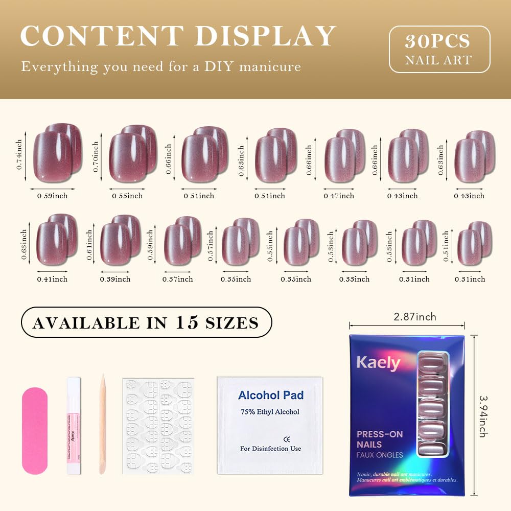 evpct Pale Mauve Cat Eye Short Press on Nails Square No Glue, Stick on Nails Short Square for Women, Metallic Glitter Glossy nails press ons, Reusable Stick Press on Acrylic Fake Nail with Designs