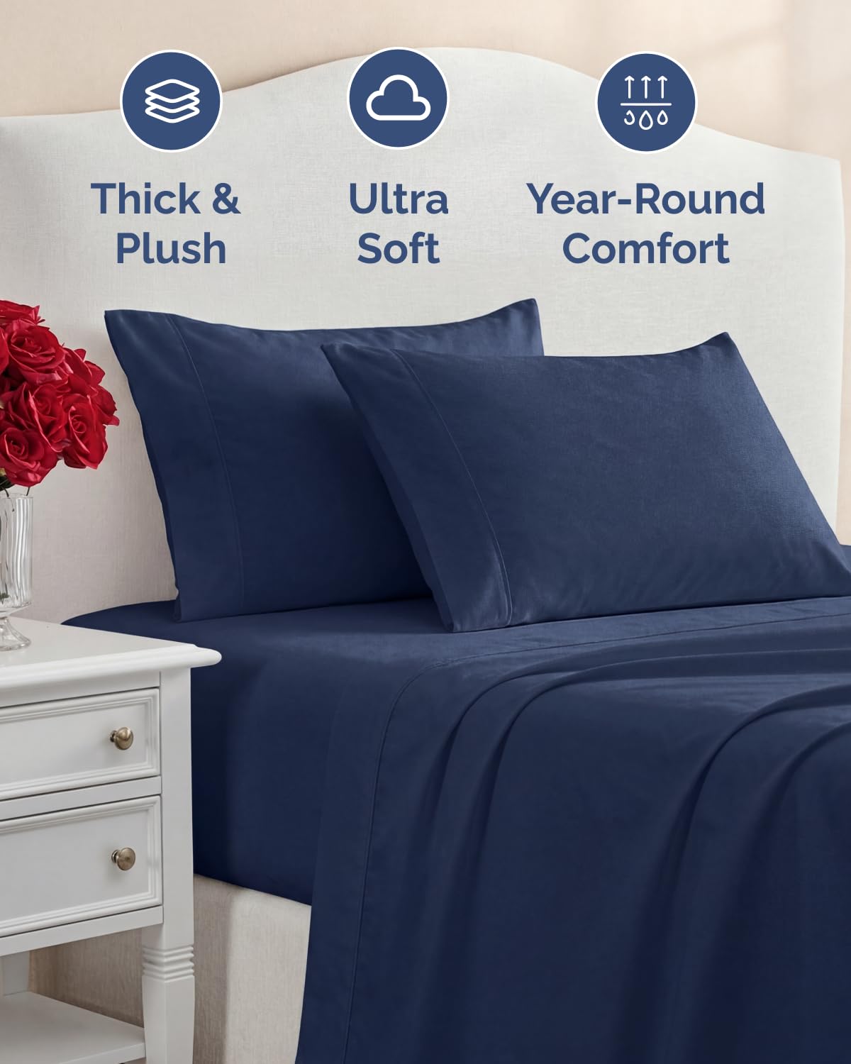 Extra Thick Heavyweight Queen Size 4 Piece Sheet Set – High End Super Luxury Bed Set – Premium Heavyweight Hotel Quality Sheets w/ Deep Pockets - Easy-Fit - Ultra-Soft, Warm & Wrinkle Free - Navy Blue