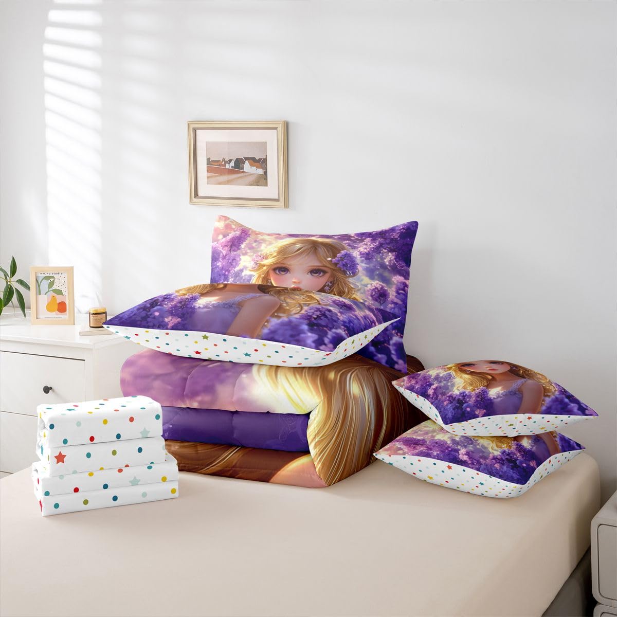 Erosebridal Japanese Anime Bed in A Bag for Kids Girls,Kawaii Lavender Girl Bedding Set Romantic Dreamy Cartoon Girl Twin Comforter Set 7 Piece Purple Aesthetic Cherry Blossom Butterfly Bed Set