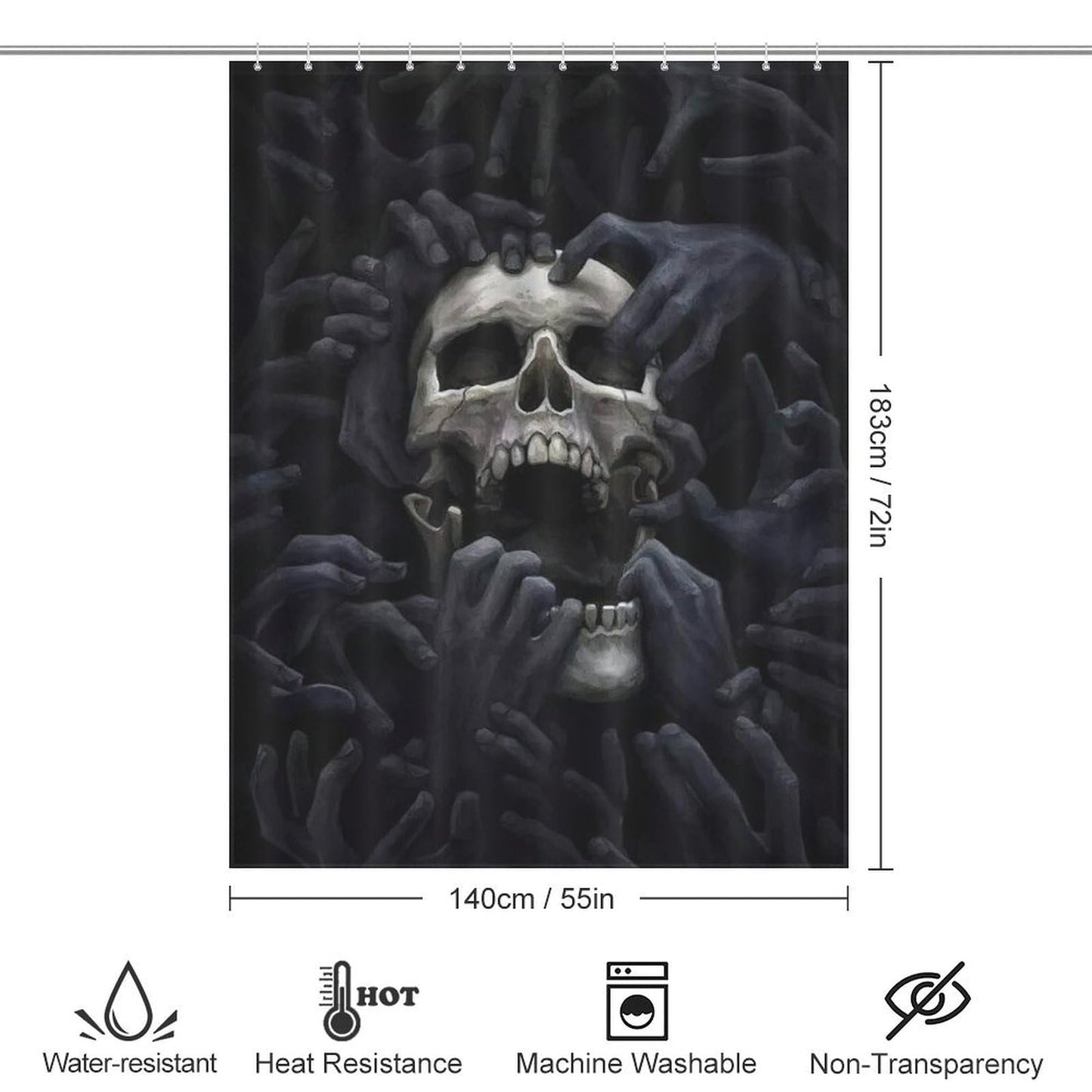 GoDazzling Gothic Skull Shower Curtain, Scary Spooky Halloween Skeleton Shower Curtain Sets for Bathroom Fabric Bath Curtain 12 Hook 55x72Inch（140x183cm）