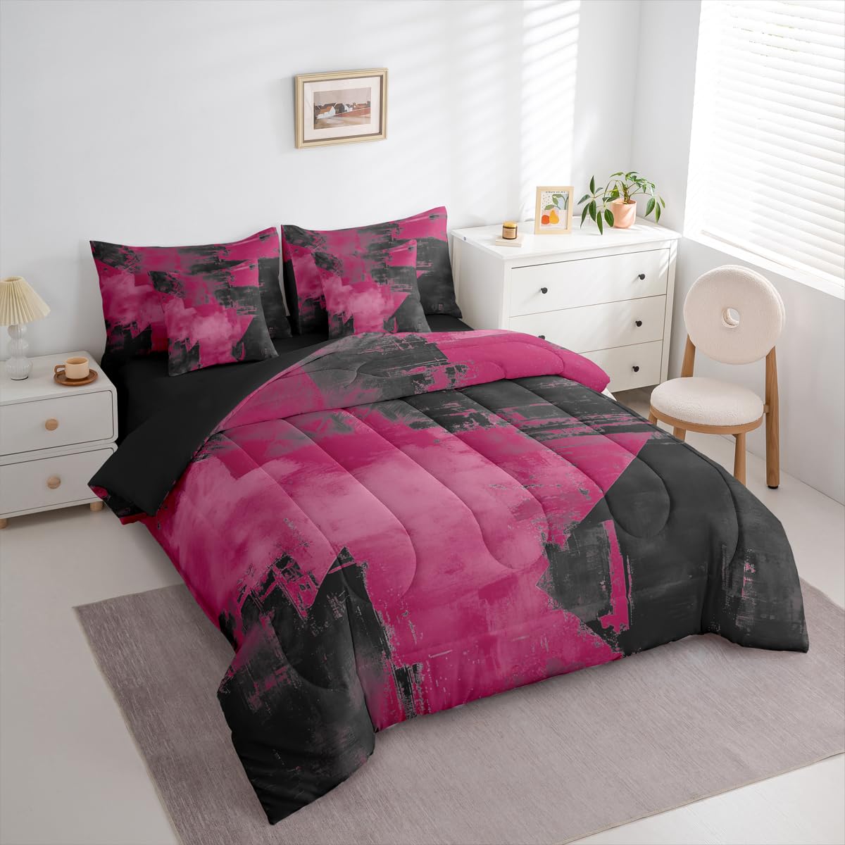 Feelyou Abstract Comforter Set with Sheets 7 Piece King Size Modern Abstract Art Bedding Set for Kids Boys Girls Luxury Bed in a Bag Geometric Room Decor Dark Rose Soft Lightweight Microfiber