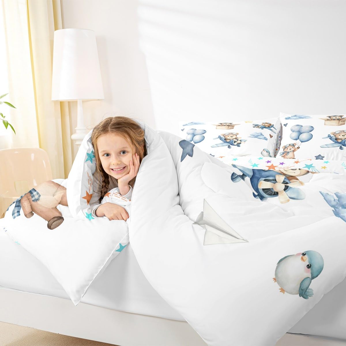 Erosebridal Cartoon Aircraft Full Bedding Set, Cute Bear Airplane Propeller Plane Comforter Set for Kids Boys Girls Adults Bedroom, Lovely Bird Animals Comforter, Balloon Star Cloud Quilt
