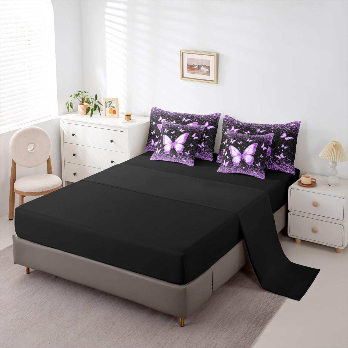 Feelyou Purple Butterfly 7 Piece Bedding Set Glitter Print Comforter Set with Sheets for Kids Boys Girls Pretty Animal Bed in a Bag Beautiful Butterfly Bed Set Soft Lightweight