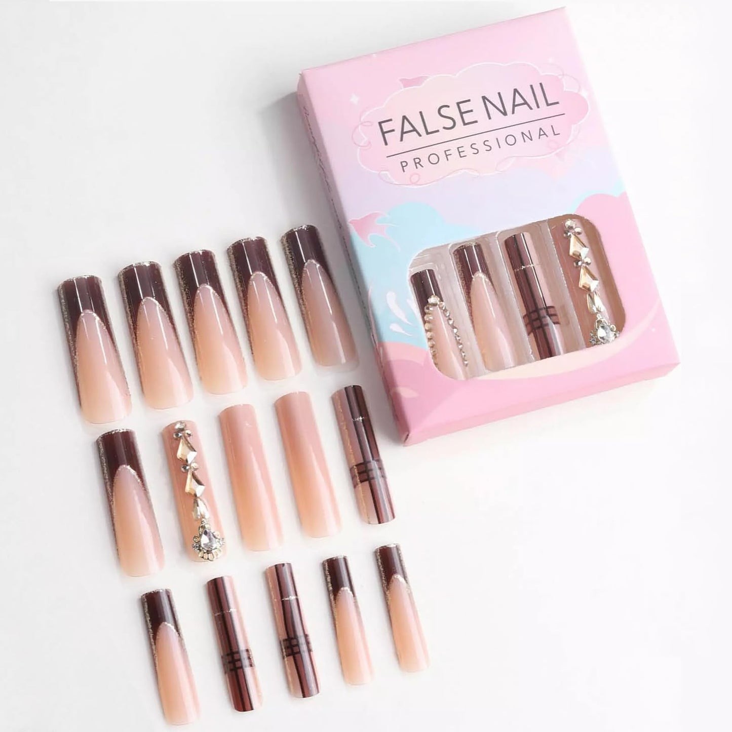 MISUD Press on Nails - Extra Long Square Glue on Nails with Fall Brown Plaid, Acrylic Rhinestone Design 24 pcs