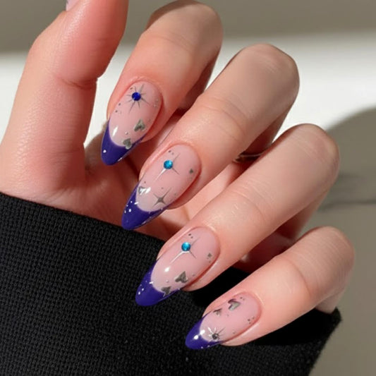 Medium Almond Press on Nails Blue French Tip Fake Nails with Star Rhinestone Designs Glossy Full Cover Stick on False Nail Set for Women 24 Pcs