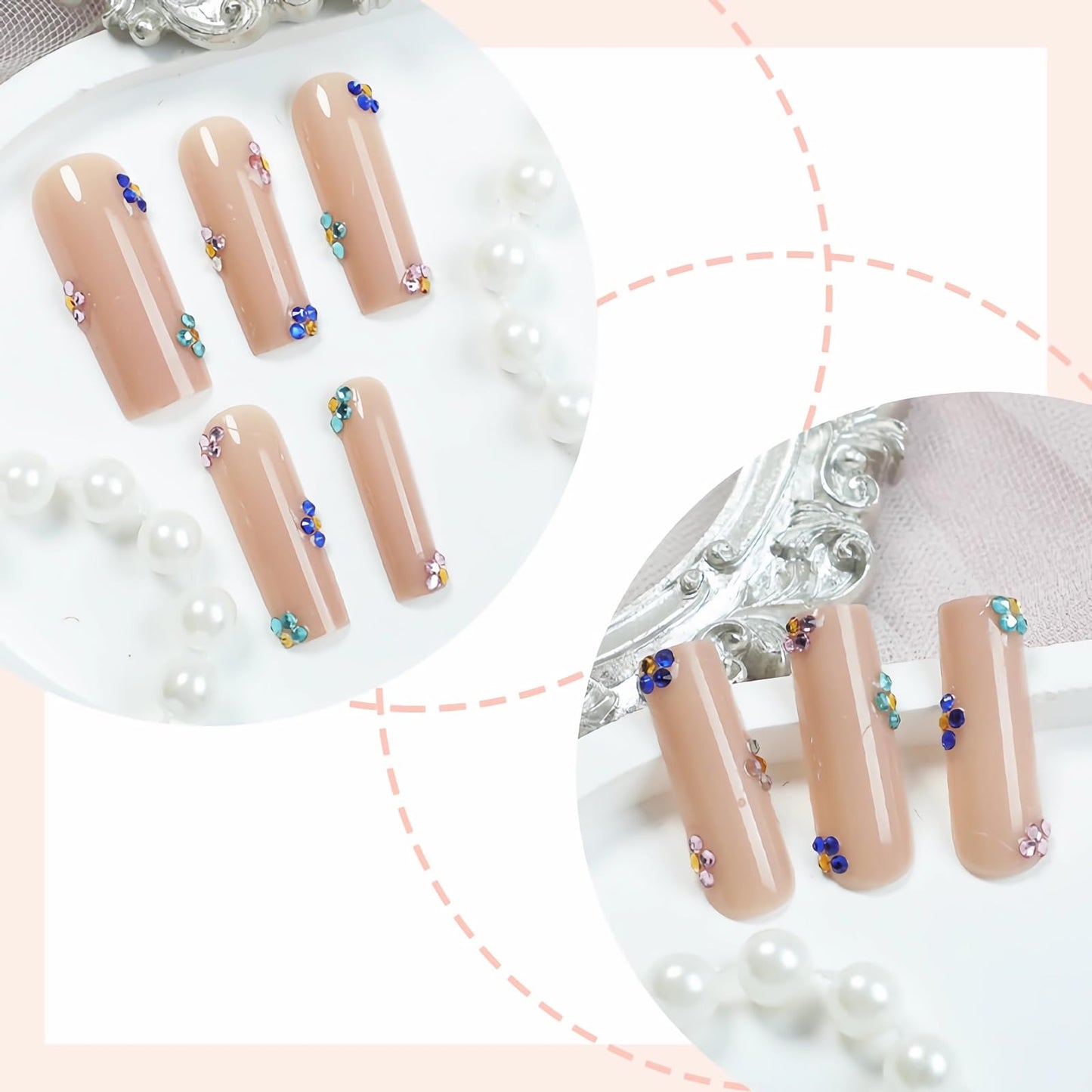 MISUD Press on Nails - Long Square Fake Nails with Nude, Acrylic Rhinestone Design 24 pcs