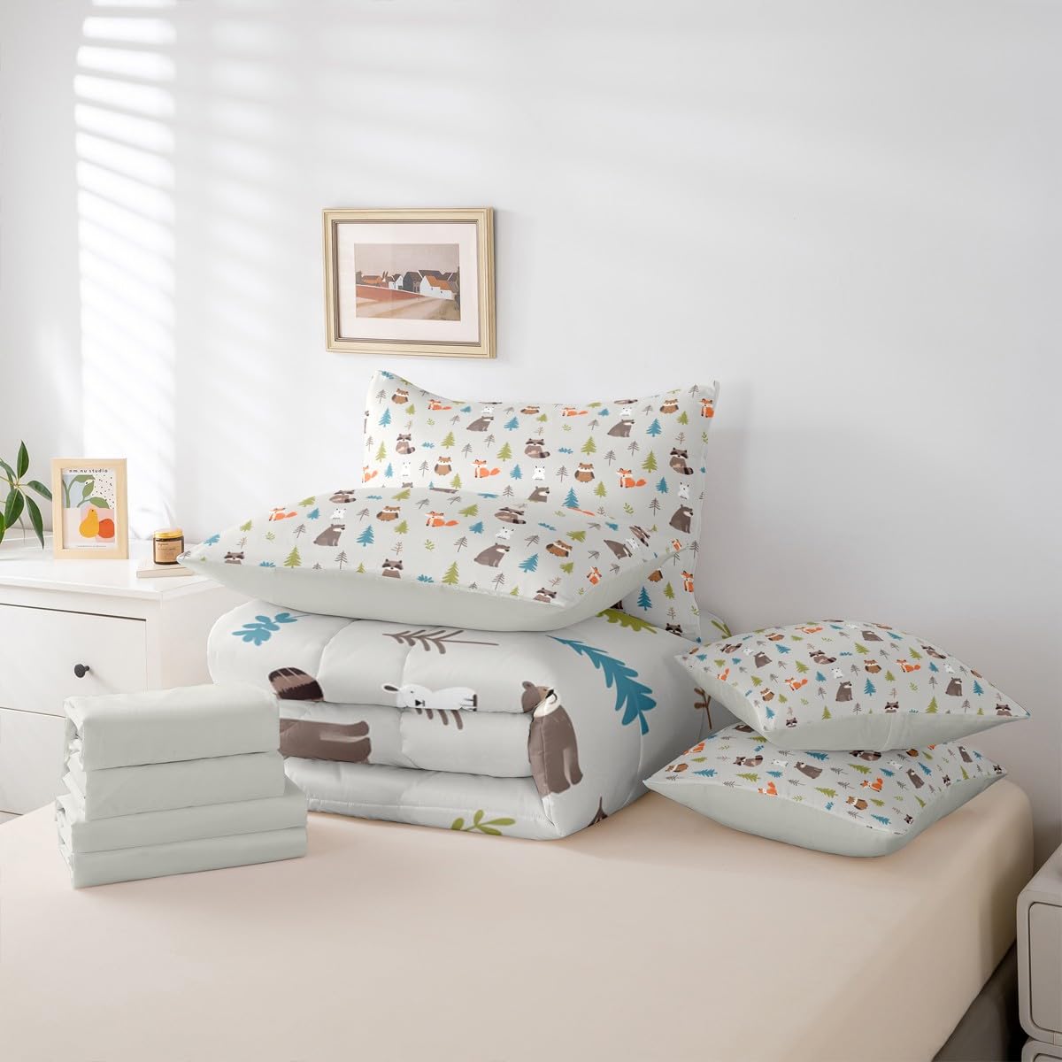 Erosebridal Woodland Animals 7 Piece Comforter Set Twin for Nursery Child Bedroom | Cute Fox Bear Raccoon Bedding Set Wildlife Sheet Set Kids Cartoon Wild Animals Duvet Insert Botanical Trees Quilt