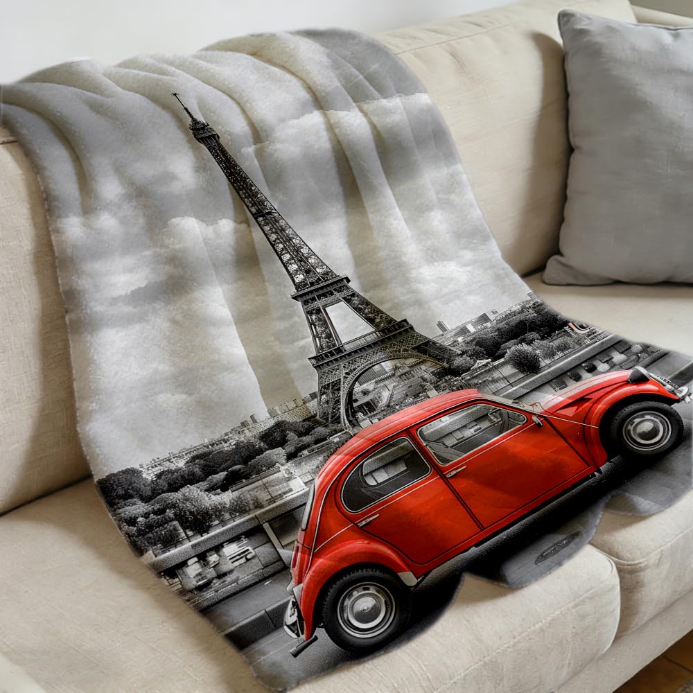 ZHOUSHUTONG Paris Blanket Throw Red Umbrella Flannel Blankets Eiffel Tower Car Plush Throw French Romantic Print Throws for Girls Bedroom Living Room Bed Couch Sofa 49"x59"