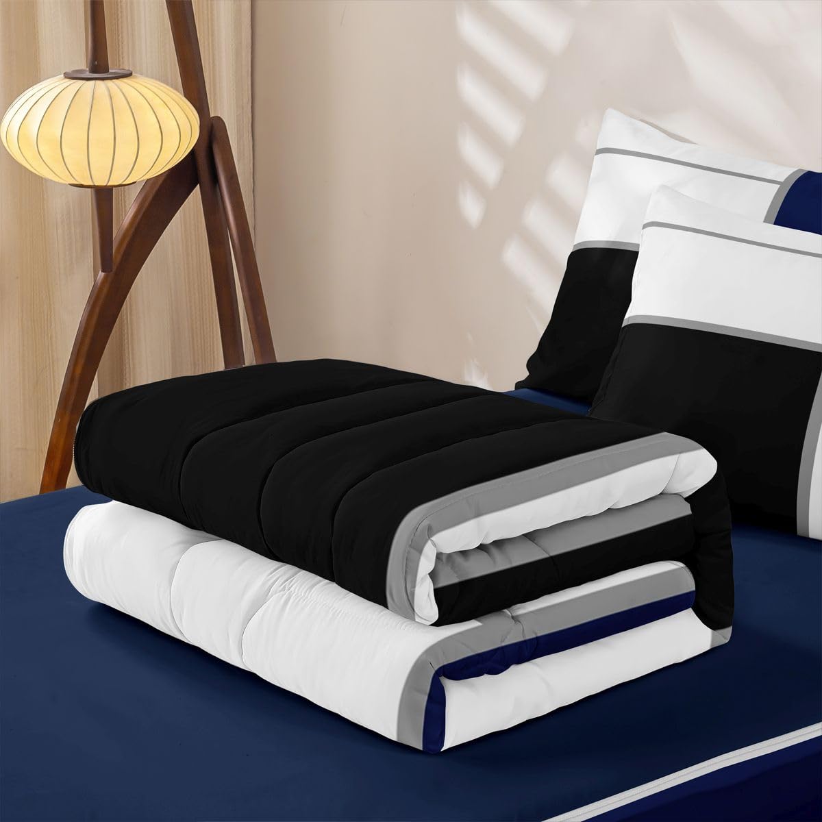 Erosebridal Zippered Bedding Set Twin for Adults Teens Black and White Abstract Comforter Set Navy Blue Striped Grid Bed in a Bag for Minimalist Modern Art Patchwork Zipper Quilt Fitted Sheet