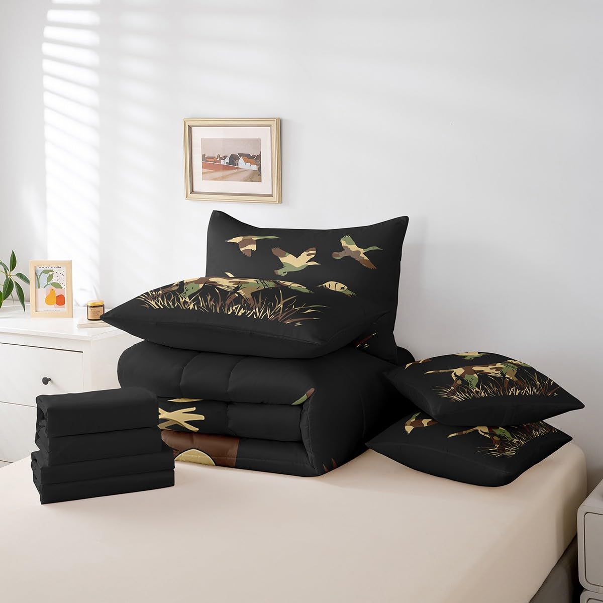 Feelyou Wild Duck Hunting 7 Piece Bedding Set Full Size for Boys Teens Kids Black Dog Hunter Comforter Set with Sheets Hunter Green Army Camouflage Farmhouse Theme Bed in a Bag Home Decor