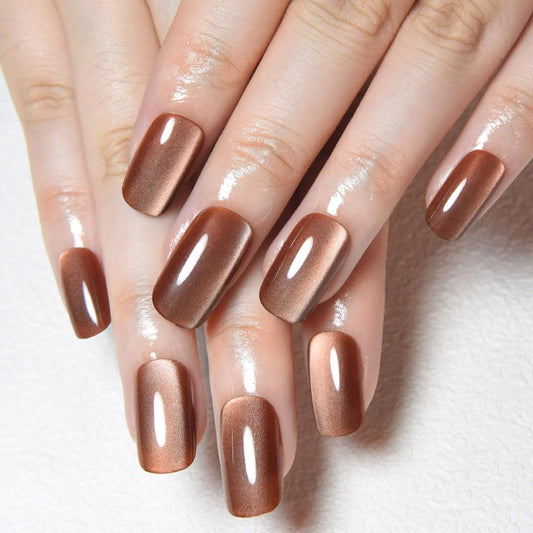 Nude Brown Cat Eye Press on Nails Medium Square, Medium Square Press Stick on Nails Chrome for Women Gift, Brown Holographic Glitter Glossy Reusable Soft Acrylic Fake Nail with Design Cateye Effect
