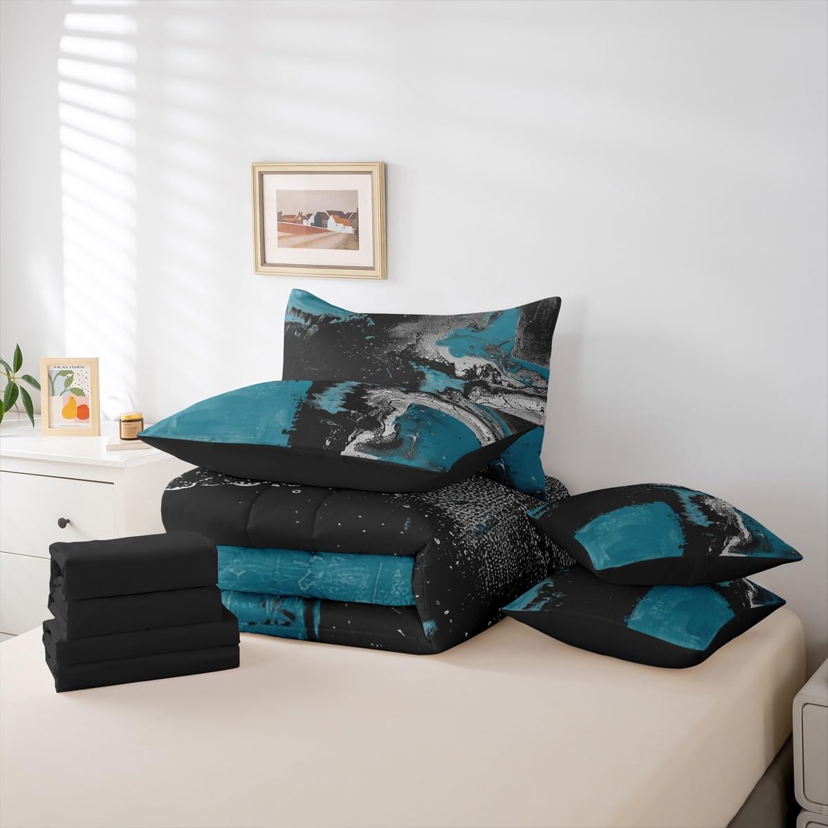 Feelyou Abstract King Comforter Set with Sheets for Kids Boys Girls Modern Abstract Art 7 Pieces Bedding Set Luxury Bed in a Bag Geometric Room Decor Dark Blue Balck Soft Lightweight Microfiber