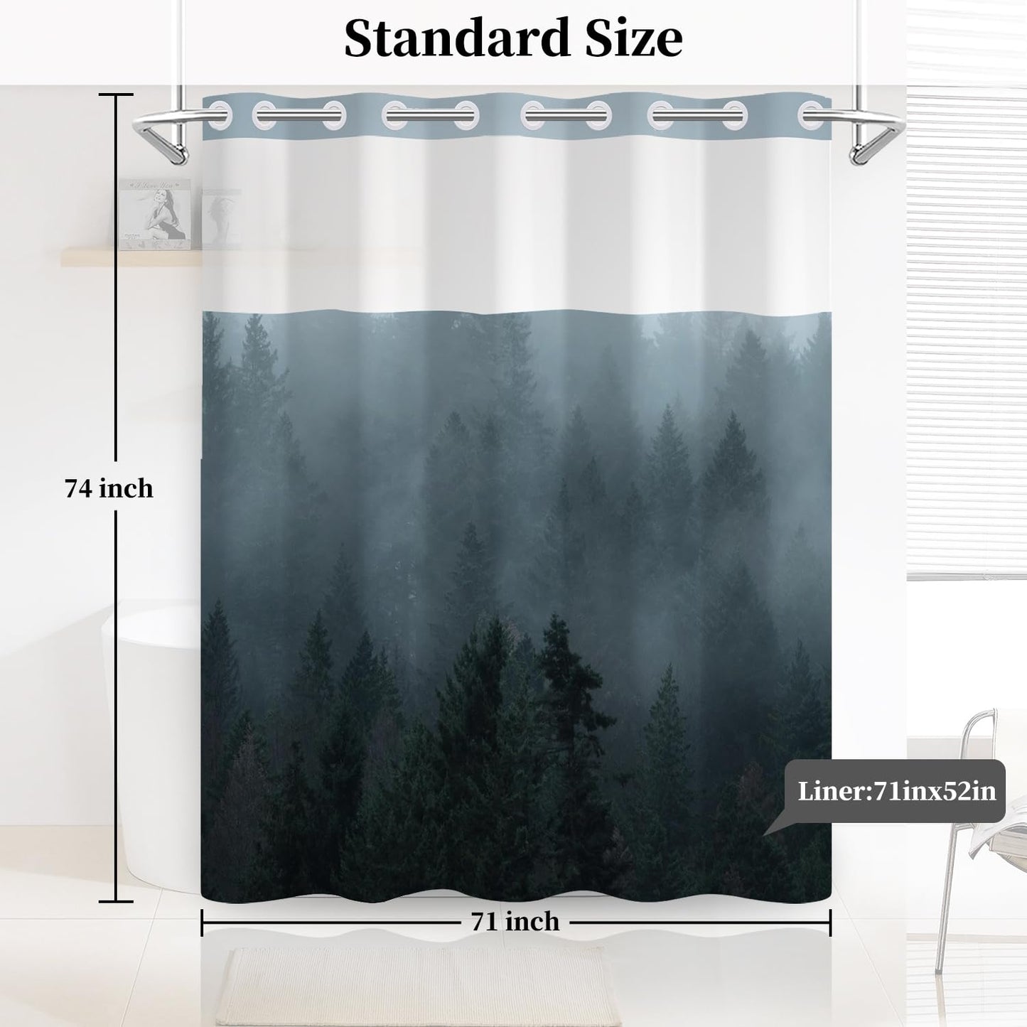 NAEMBCU No Hook Forest Shower Curtain with Snap in Liner Set, Waterproof Fabric Shower Curtain with Mesh Top Window, Misty Pine Tree Landscape Bath Curtain, Nature Woodland Bath Decor 71x74 Inch