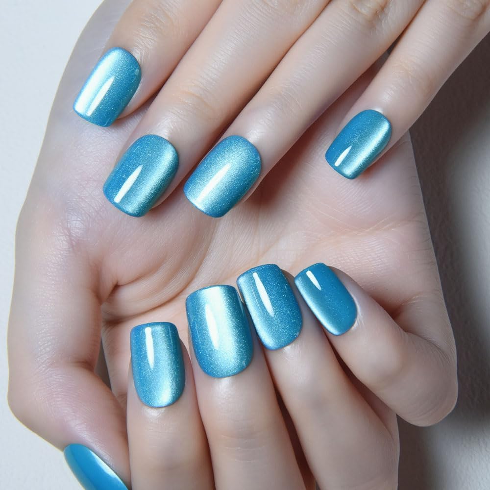 evpct Sky Blue Cat Eye Extra Short Square Press on Nails, Perfectly Fit Short Square Stick on Nails for Women, Glossy Blue Holographic Fake Nails Reusable Gel Press on Acrylic Fake Nail with Designs