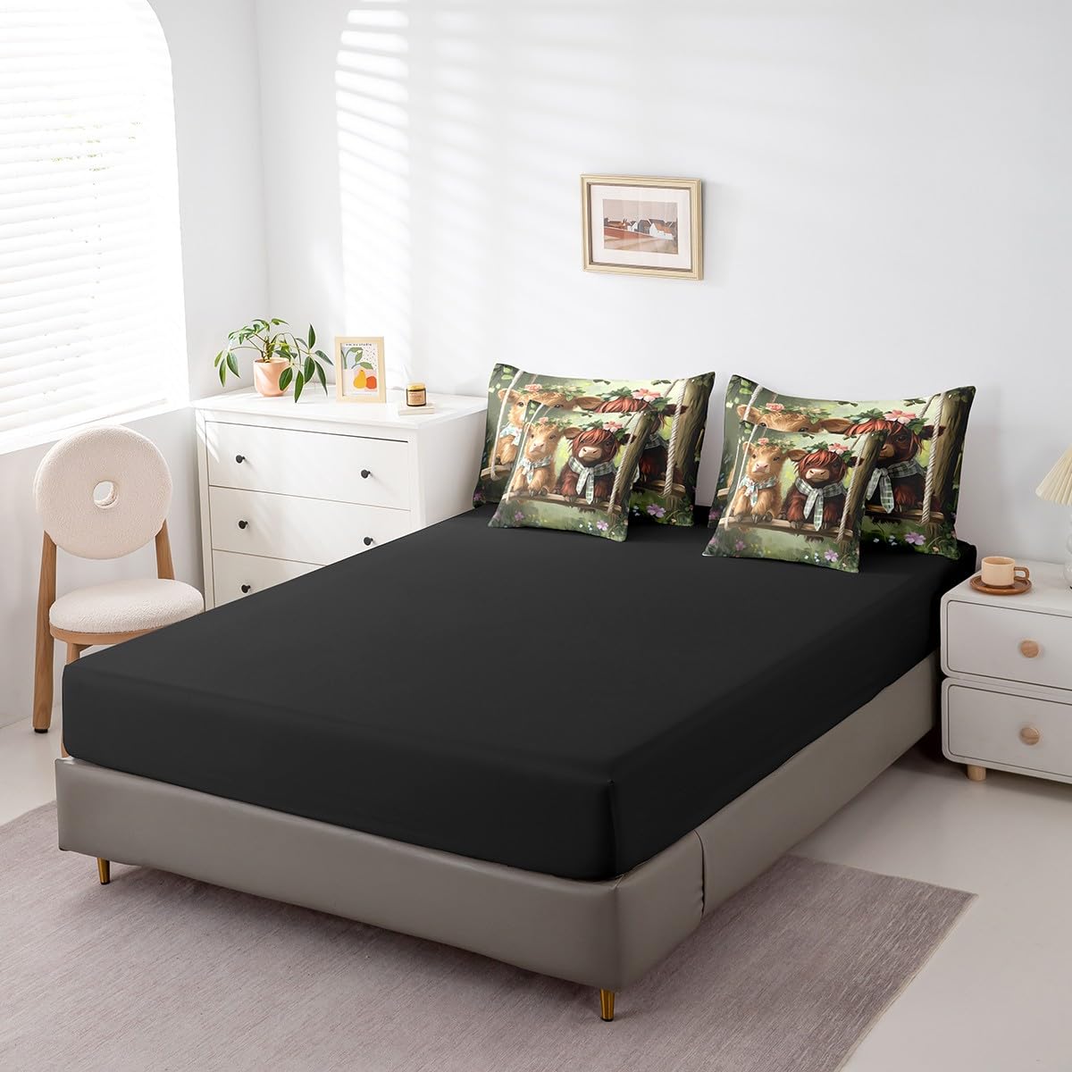 Erosebridal Highland Cow Comforter Set King Size,Western Cow Bedding Set for Kids Teens,Farmhouse Animal (Comforter+Fitted+Flat Sheet+2 Pillowcases+2 Throw Pillow Covers) 7 Pieces Bed Set