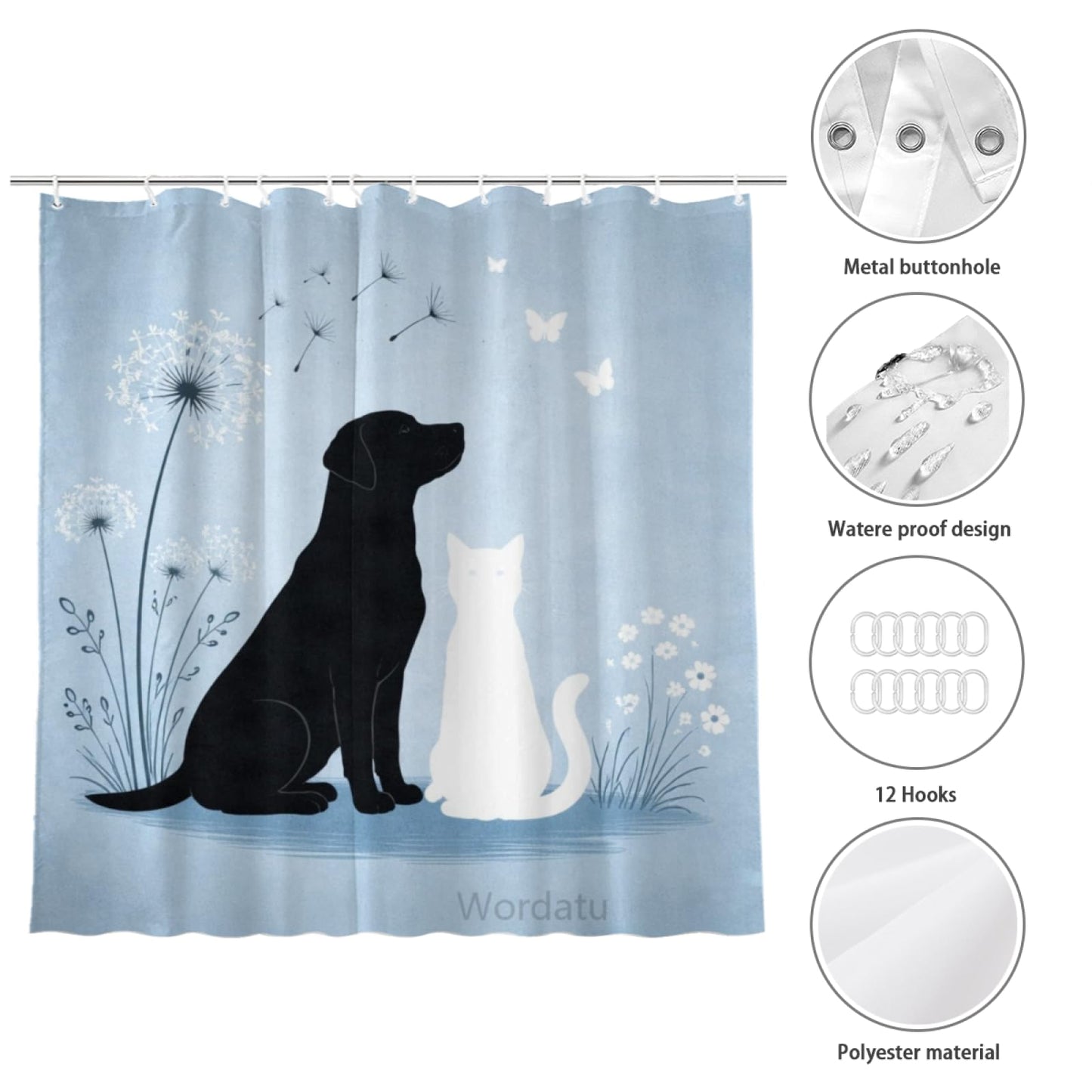 Wordatu Cat & Labrador Retriever Bathtub Bath Curtain Cute Pet Animal Bathroom Waterproof Shower Curtain 72x72 with 12 Hooks