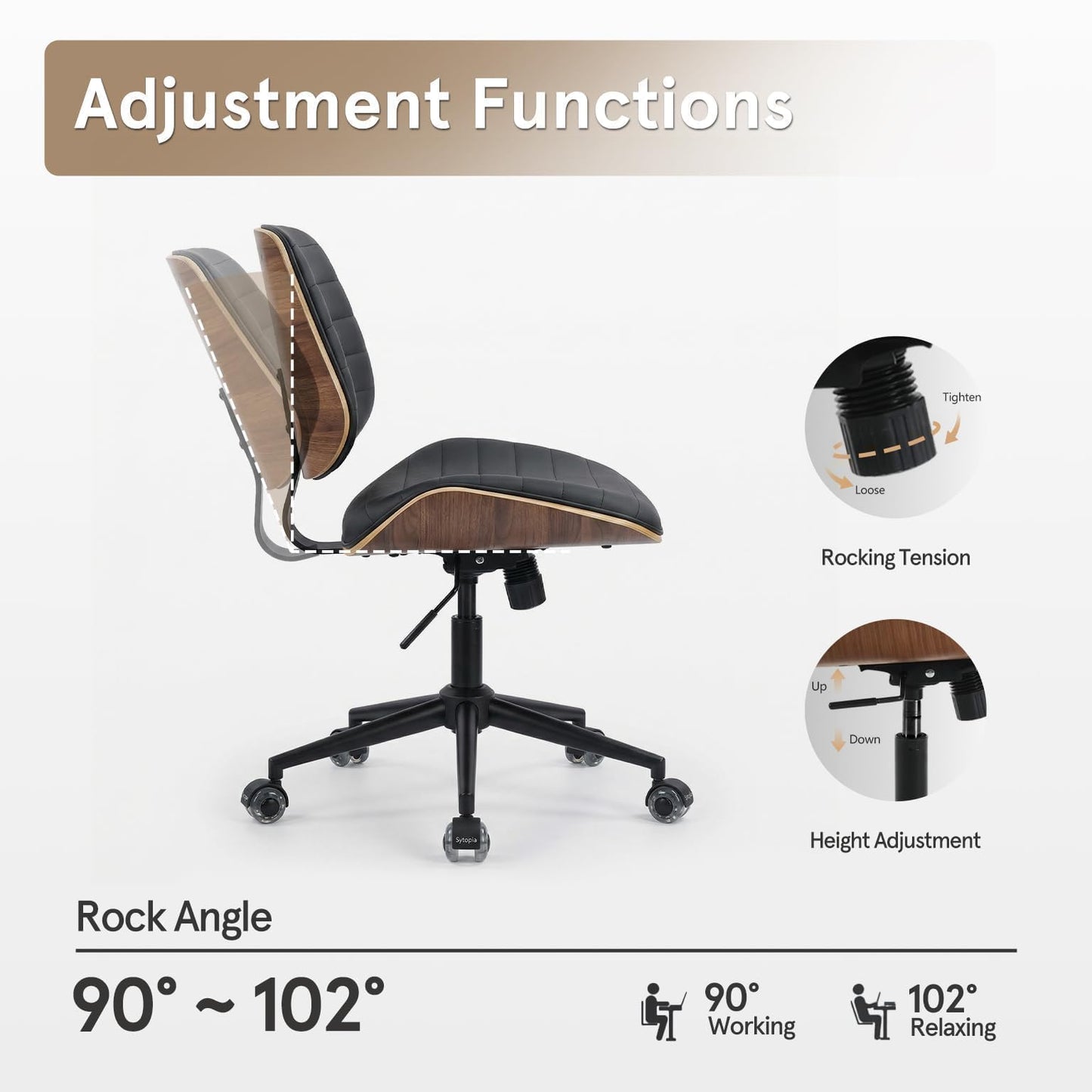 Sytopia Small Desk Chair for Home Office, Adjustable Height Swivel Armless Office Chair No Arms, Mid Century Modern Chair with Wheels, Walnut Wooden Sturdy Furniture, Easy Assembly, Vintage Black