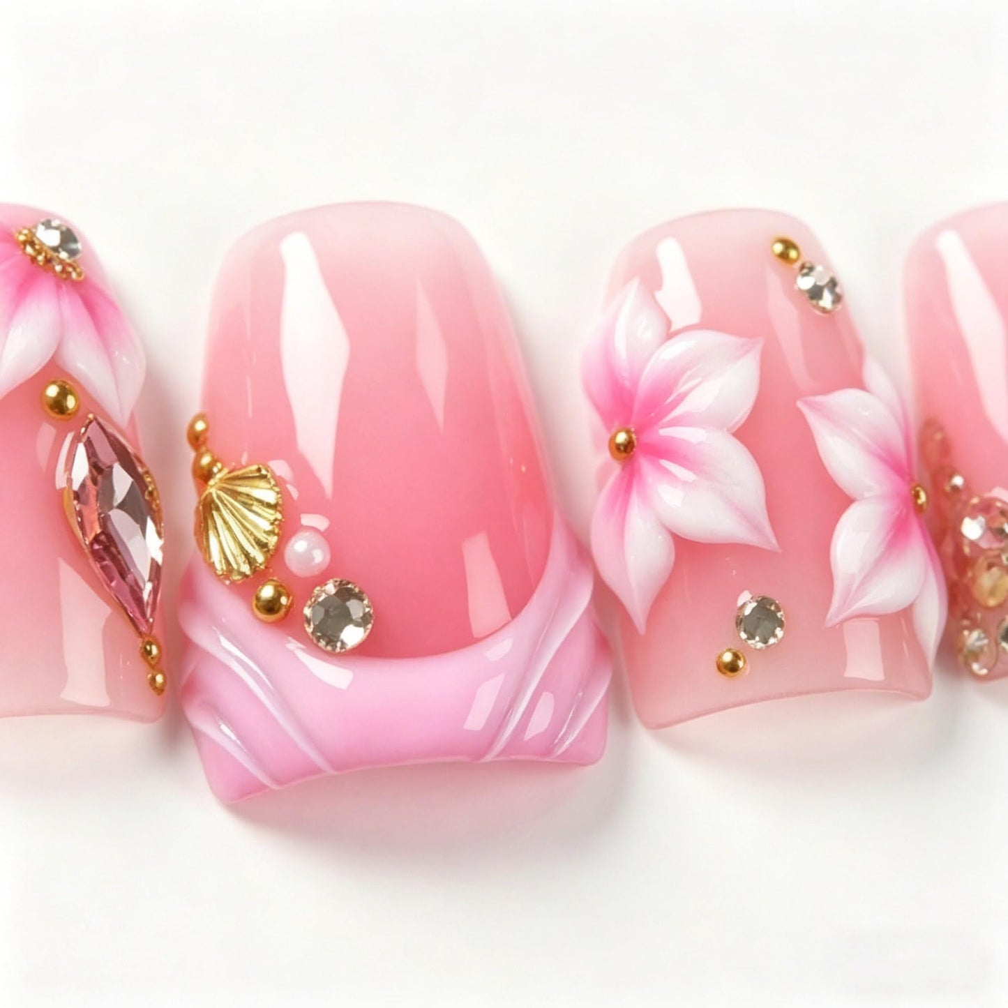 Handmade Press on Nails 3D Cute Glue on Nails for Women, Luxury Duck Nail Art Design, Fake Nails with 3D Nail Charms Size M 2