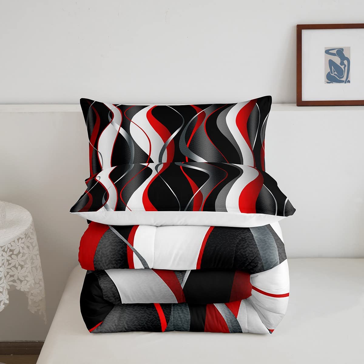 Feelyou Red Grey Black Comforter Set Geometric Spiral Pattern Duvet Set for Kids Boys Girl Modern Abstract Inner Fill Bedding Set Grey White Comforter 1 Comforter Set with 1 Pillowcase Twin Size