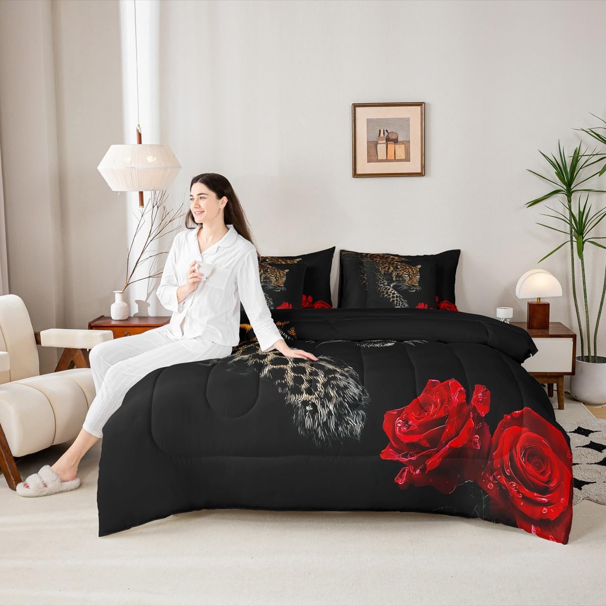 Erosebridal Leopard 7 Piece Bedding Set King Size Cheetah Bed in A Bag Rose Flower Comforter with Sheets African Savanna Animal Bed Sets