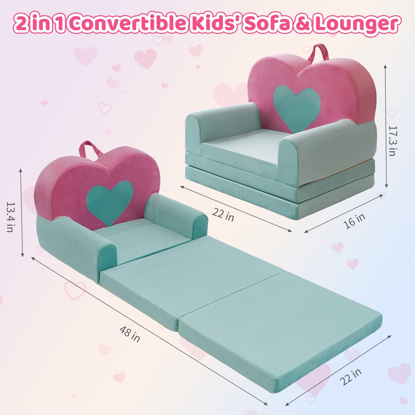 KKS KAKINNSYUU 2 in 1 Toddler Couch Kids Sofa, Fold Out Foam Couch Convertible to Lounger, Soft Plush Toddler Sofa for Playroom, Kids Furniture Gift for Birthday Childrens Day, Pink Heart