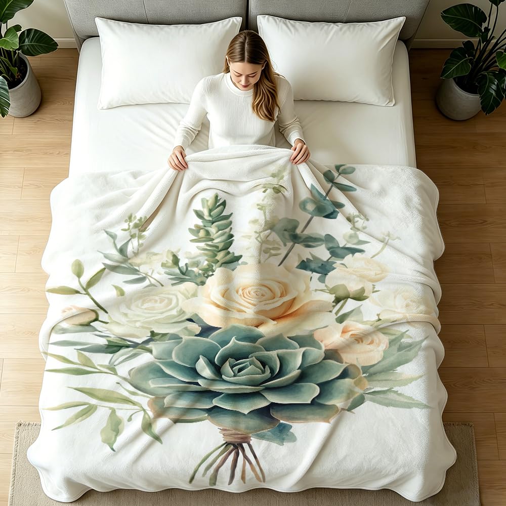 HUNXIAOJ Botanical Throw Blanket Green Leaves Blanket Plant and Floral Decor Botanical Bedding Warm Soft Flannel for Bed Sofa Couch (49in x 59in)