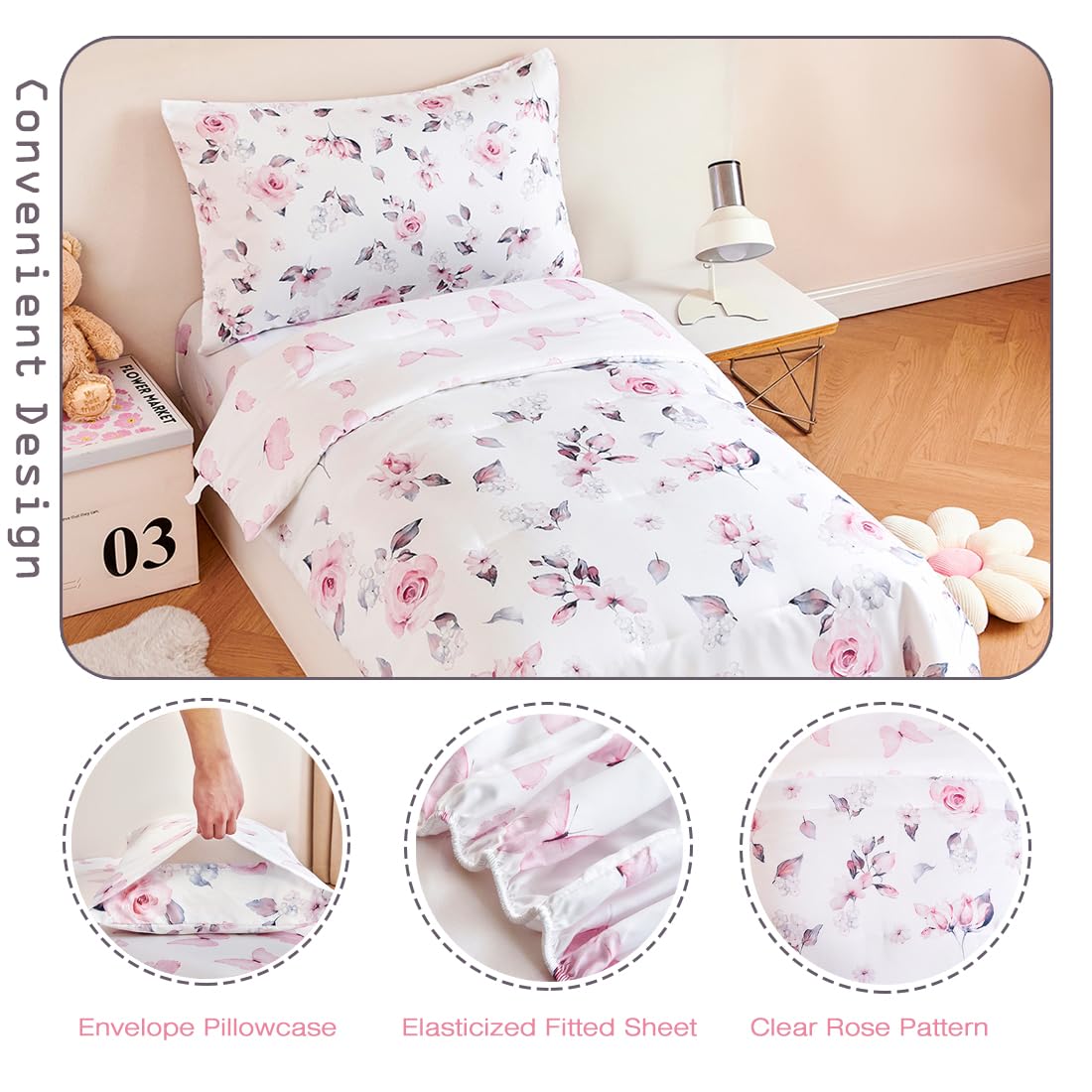 PERFEMET Floral Toddler Bedding 4-Piece Pink Flower Toddler Girls Comforter with Sheet Set Reversible Butterfly Kid Bed Sets-Comforter, Fitted Sheet,Flat Sheet,Pillowcase