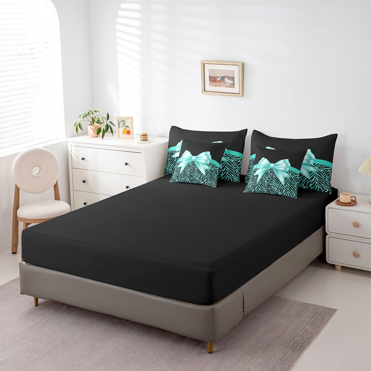 Feelyou Teal Bowknot 7 Piece Bedding Set Queen Size Glitter Print Comforter Set with Sheets for Kids Girls Adult Cute Bowknot Bed in a Bag Black Silver Bed Set