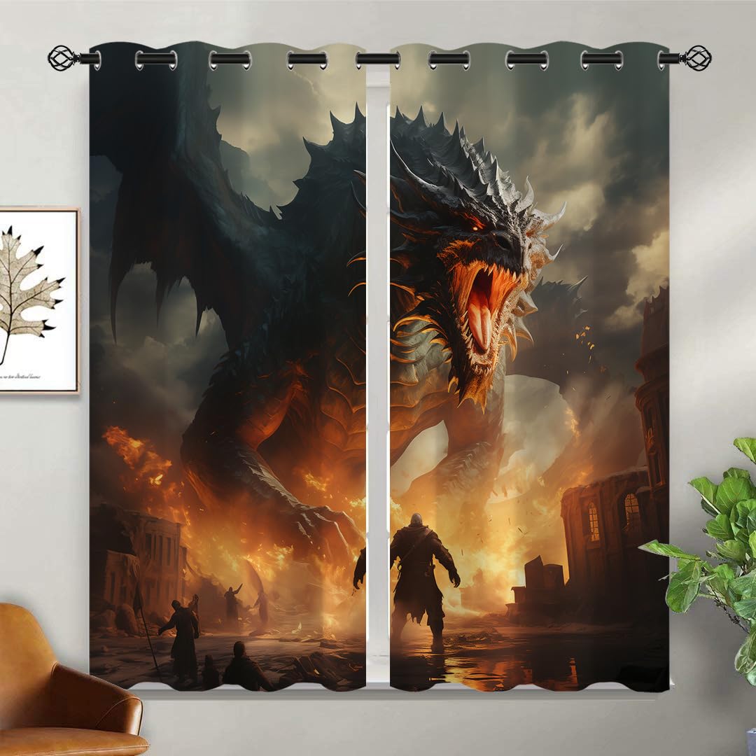 ONINUO Dragon Blackout Curtains for Girls Boy Home Decor, Fantasy Magic Animal Medieval Fire Grommet Thermal Insulated Drapes Darkening Window Curtain for Bedroom Living Room, 42 x 45 Inch