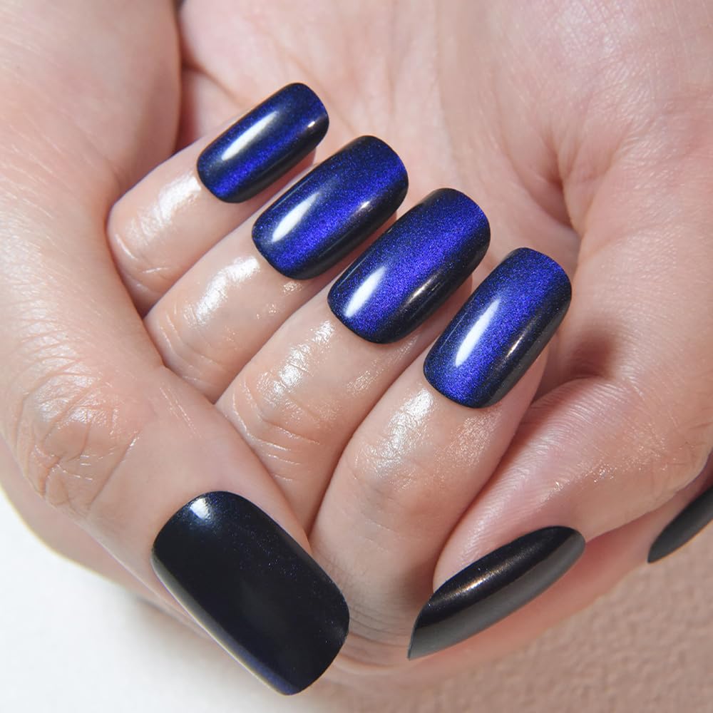 Royal Blue Cat Eye Press on Nails Medium Square, Medium Square Press Stick on Nails Chrome for Women Gift, Blue Holographic Glitter Glossy Reusable Soft Gel Acrylic Fake Nail with Cateye Effect Design