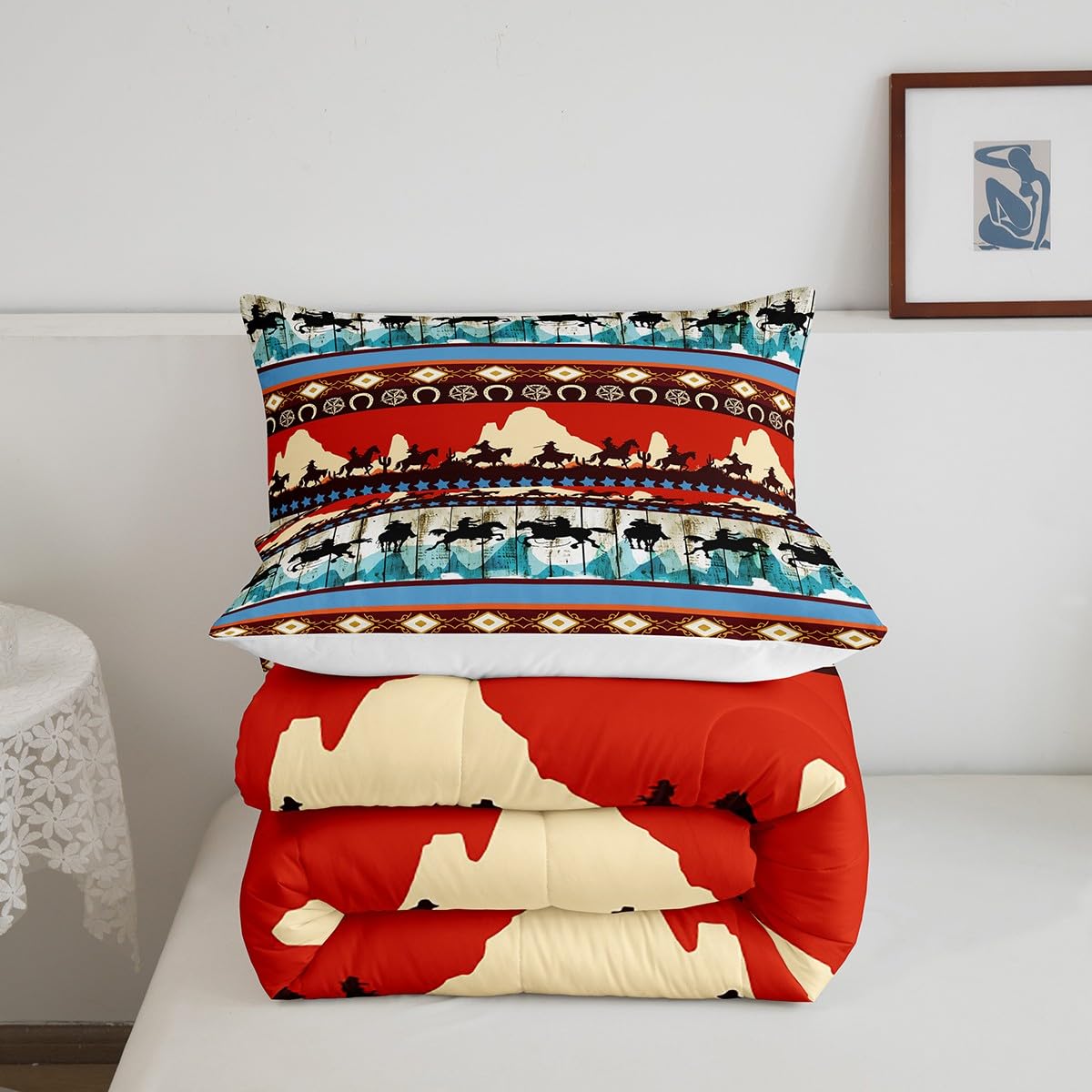Feelyou Kids Full Aztec Red Comforter Full Size, Southwestern Cowboys Comforter Set for Boys Girls Horse Bedding Set Boho Tribal Duvet Set Microfiber Bed Set